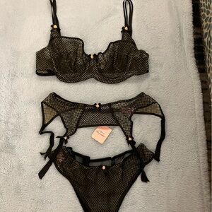 Agent Provocateur Black and Light Green Checkered Lingerie, bra/garter/panties.